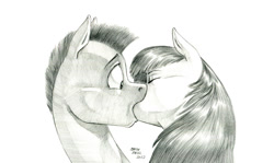 Size: 1500x893 | Tagged: safe, artist:baron engel, derpibooru import, apple bloom, oc, oc:stone mane (baron engel), earth pony, pony, colt, female, filly, foal, kiss on the lips, kissing, male, monochrome, pencil drawing, simple background, story included, straight, surprise kiss, surprised, traditional art, white background