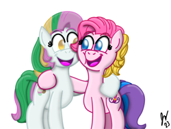 Size: 2160x1620 | Tagged: safe, artist:jesslmc16, derpibooru import, coconut cream, toola roola, earth pony, pony, fame and misfortune, g3, g4, best friends, digital art, duo, duo female, female, full body, grin, hug, hugging a pony, looking at each other, looking at someone, mare, signature, simple background, smiling, smiling at each other, squishy, squishy cheeks, white background