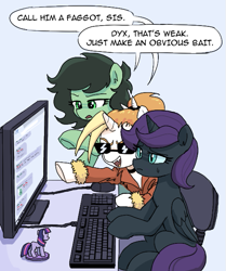 Size: 541x646 | Tagged: safe, artist:plunger, derpibooru import, oc, oc only, oc:anon filly, oc:dyx, oc:nyx, alicorn, earth pony, pony, 4chan, computer, dialogue, drawthread, faggot, female, filly, foal, meme, ponified, ponified meme, shitposting, simple background, slur, species swap, speech bubble, text, vulgar