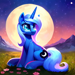 Size: 1024x1024 | Tagged: safe, ai content, derpibooru import, edit, editor:epsilonwolf, generator:purplesmart.ai, generator:stable diffusion, machine learning assisted, machine learning generated, princess luna, pony, unicorn, cute, female, freckles, grass, grass field, happy, horn, looking away, lunabetes, meadow, moon, mountain, night, outdoors, prompter:epsilonwolf, s1 luna, sitting, smiling, solo, wingless