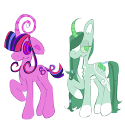 Size: 1000x1000 | Tagged: safe, artist:sugvr_alien, derpibooru import, part of a set, rarity, twilight sparkle, oc, oc only, oc:malachite breeze, oc:twisty pop, pony, unicorn, alternate design, alternate name, alternate universe, duo, simple background, white background