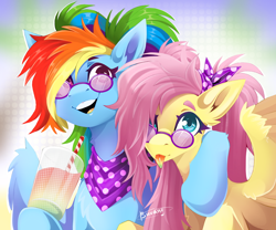 Size: 3000x2500 | Tagged: safe, artist:buvanybu, derpibooru import, fluttershy, rainbow dash, pegasus, pony, alternate hairstyle, bandana, duo, female, flutterdash, lesbian, mare, open mouth, open smile, shipping, smiling, sunglasses, tongue, tongue out