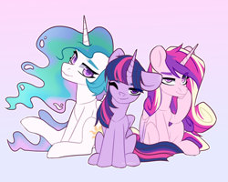 Size: 1200x960 | Tagged: safe, artist:shelti, derpibooru import, princess cadance, princess celestia, twilight sparkle, twilight sparkle (alicorn), alicorn, pony, female, gradient backround, trio