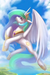 Size: 1439x2160 | Tagged: safe, artist:caddea, artist:caddeaartsfw, derpibooru import, princess celestia, alicorn, pony, beautiful, cloud, crown, digital art, ethereal mane, ethereal tail, eyelashes, feather, featured image, female, flowing mane, flowing tail, flying, gem, hoof shoes, horn, jewelry, looking up, mare, ocean, peytral, purple eyes, regalia, sky, solo, spread wings, starry mane, starry tail, stars, tail, water, wings