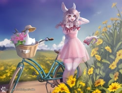 Size: 2000x1539 | Tagged: safe, artist:caddea, derpibooru import, oc, oc only, anthro, bird, duck, earth pony, anthro oc, bicycle, clothes, commission, dress, earth pony oc, female, field, flower, meadow, nature, open mouth, open smile, outdoors, smiling, solo, ych result