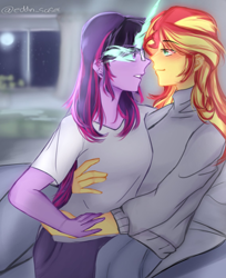 Size: 1136x1395 | Tagged: safe, artist:eddin_sciset, derpibooru import, midnight sparkle, sci-twi, sunset shimmer, twilight sparkle, equestria girls, duo, eye contact, female, lesbian, looking at each other, looking at someone, scitwishimmer, shipping, smiling, sunsetsparkle