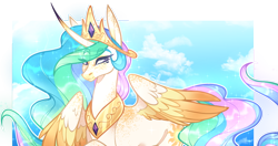 Size: 1134x601 | Tagged: safe, artist:sylvanaurora, derpibooru import, princess celestia, alicorn, pony, colored wings, colored wingtips, curved horn, eye clipping through hair, eyebrows, eyebrows visible through hair, freckles, horn, partially transparent background, solo, two toned wings, wings
