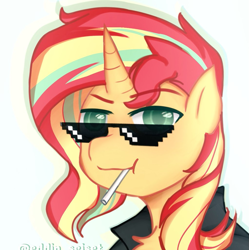 Size: 1021x1024 | Tagged: safe, artist:eddin_sciset, derpibooru import, sunset shimmer, pony, unicorn, candy, clothes, deal with it, female, food, jacket, leather, leather jacket, lollipop, looking at you, solo, sunglasses