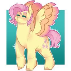 Size: 989x989 | Tagged: safe, artist:sylvanaurora, derpibooru import, fluttershy, pegasus, pony, chubby, gradient background, partially transparent background, short mane, solo, spread wings, stretchmarks, wings