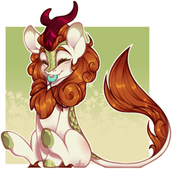Size: 947x931 | Tagged: safe, artist:sylvanaurora, derpibooru import, autumn blaze, kirin, chew toy, chewing, cloven hooves, eating, eyes closed, gradient background, happy, jewelry, leonine tail, necklace, neurodivergent, partially transparent background, smiling, solo, stimming, tail