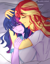 Size: 1090x1395 | Tagged: safe, artist:eddin_sciset, derpibooru import, sci-twi, sunset shimmer, twilight sparkle, equestria girls, blushing, cuddling, cute, eyes closed, female, hug, lesbian, scitwishimmer, shipping, smiling, sunsetsparkle