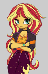 Size: 678x1045 | Tagged: safe, artist:myuniemew, derpibooru import, sunset shimmer, equestria girls, breasts, cleavage, clothes, female, gray background, simple background, solo