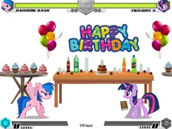 Size: 1080x810 | Tagged: safe, derpibooru import, applejack, fluttershy, pinkie pie, rainbow dash, rarity, twilight sparkle, fighting is magic, balloon, cake, candle, candy, coke, crush orange, cupcake, fan, fan game, food, game, happy birthday, mane six, mountain dew, new, party, room, soda, stage