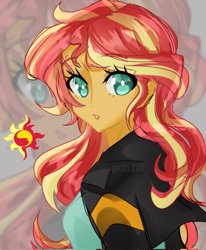 Size: 1691x2048 | Tagged: safe, artist:kajojba, derpibooru import, sunset shimmer, equestria girls, beautiful, beautiful eyes, blouse, clothes, colored, complex background, cute, cutie mark, female, jacket, looking at you, looking back, looking back at you, manga style, pursed lips, shimmerbetes, signature, solo