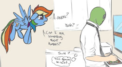 Size: 640x354 | Tagged: safe, artist:mostazathy, derpibooru import, rainbow dash, oc, oc:anon, human, pegasus, pony, dialogue, duo, female, flying, indoors, male, mare, window