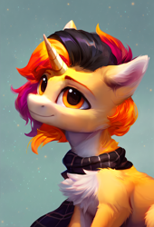 Size: 1302x1920 | Tagged: safe, ai content, artist:eternalis, derpibooru import, generator:pony diffusion v5, machine learning assisted, machine learning generated, oc, oc only, oc:floire, pony, unicorn, abstract background, chest fluff, clothes, ear fluff, ears, male, scarf, solo