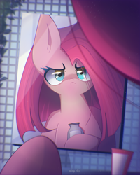 Size: 2000x2500 | Tagged: safe, artist:miryelis, derpibooru import, pinkie pie, earth pony, pony, big ears, ears, female, long hair, mirror, offscreen character, pills, pinkamena diane pie, pov, sad, signature, solo