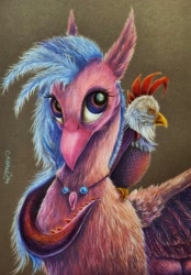 Size: 1851x2653 | Tagged: safe, artist:cahandariella, derpibooru import, silverstream, cockatrice, hippogriff, beak, bust, colored pencil drawing, cute, edith, feather, female, gray background, jewelry, looking at you, necklace, portrait, realistic, scales, simple background, traditional art