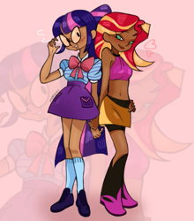 Size: 879x1000 | Tagged: safe, artist:mistigri_0000, derpibooru import, sci-twi, sunset shimmer, twilight sparkle, human, equestria girls, dark skin, duo, female, human coloration, lesbian, midriff, moderate dark skin, scitwishimmer, shipping, sunsetsparkle, zoom layer