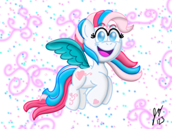 Size: 2160x1620 | Tagged: safe, derpibooru import, star catcher, pegasus, g3, cutie mark, digital art, female, flying, full body, looking at you, mare, signature, simple background, smiling, smiling at you, sparkles, spread wings, swirls, white background, wings