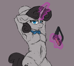 Size: 783x694 | Tagged: safe, artist:reddthebat, derpibooru import, oc, oc only, oc:violina (reddthebat), pony, unicorn, colt pocket hammerless, female, gun, handgun, hoofgun, magic, mare, pistol, solo, weapon