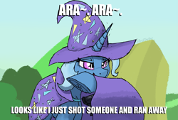 Size: 1961x1323 | Tagged: safe, artist:reddthebat, derpibooru import, trixie, pony, unicorn, ara ara, cape, clothes, female, gun, hipoint, mare, meme, solo, weapon