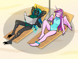 Size: 1280x977 | Tagged: safe, artist:stevetwisp, derpibooru import, part of a set, princess cadance, queen chrysalis, alicorn, anthro, changeling, anklet, barefoot, beach, beach chair, boob window, cadalis, chair, clothes, colored, duo, eyes closed, feet, female, jewelry, lesbian, multiple arms, sand, shipping, simple background, sunbathing, sunglasses, swimsuit