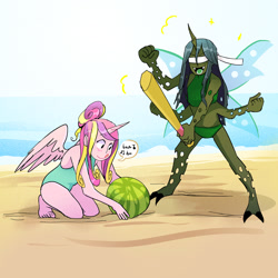 Size: 1280x1280 | Tagged: safe, artist:stevetwisp, derpibooru import, part of a set, princess cadance, queen chrysalis, alicorn, anthro, changeling, :p, alternate hairstyle, barefoot, baseball bat, beach, blindfold, cadalis, changeling loves watermelon, clothes, colored, duo, feet, female, food, humming, lesbian, multiple arms, ocean, open mouth, sand, shipping, simple background, swimsuit, this will end in pain, tongue, tongue out, water, watermelon
