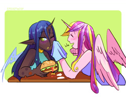 Size: 1280x983 | Tagged: safe, artist:stevetwisp, derpibooru import, part of a set, princess cadance, queen chrysalis, alicorn, anthro, changeling, alternate hairstyle, blush lines, blushing, burger, cadalis, choker, clothes, colored, dress, duo, eyes closed, female, food, hamburger, laughing, lesbian, messy eating, multiple arms, napkin, open mouth, shipping, simple background, table, wiping