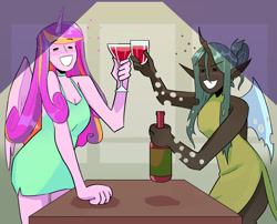 Size: 1280x1033 | Tagged: safe, artist:stevetwisp, derpibooru import, part of a set, princess cadance, queen chrysalis, alicorn, anthro, changeling, alcohol, alternate hairstyle, blushing, bottle, bubble, cadalis, clothes, colored, dress, drink, drinking, drinking glass, drunk, duo, eyes closed, female, glass, grin, lesbian, shipping, simple background, smiling, table, tipsy, toasting, wine, wine bottle, wine glass