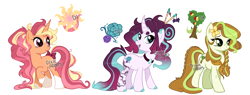 Size: 5448x2073 | Tagged: safe, artist:dixieadopts, derpibooru import, oc, oc only, oc:jade mist, oc:pear petal, oc:strawberry sunshine, earth pony, pony, unicorn, bow, female, magical lesbian spawn, mare, offspring, parent:fluttershy, parent:grand pear, parent:granny smith, parent:mistmane, parent:pinkie pie, parent:sunburst, simple background, tail, tail bow, transparent background