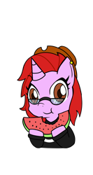 Size: 1080x2028 | Tagged: safe, artist:chakiz zukulenz, derpibooru import, oc, oc only, oc:chakiz zukulenz, pony, unicorn, clothes, eating, food, glasses, hat, simple background, solo, sweater, transparent background, watermelon