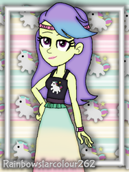 Size: 768x1024 | Tagged: safe, artist:rainbowstarcolour262, derpibooru import, part of a series, part of a set, snow flower, human, series:equ wallpapers, better together, equestria girls, let it rain, abstract background, background human, bare shoulders, clothes, cutie mark background, cutie mark on clothes, female, hand on hip, headband, lipstick, long skirt, midriff, signature, skirt, sleeveless, solo, tanktop, two toned hair, wristband