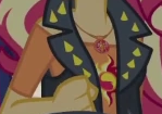 Size: 149x105 | Tagged: safe, derpibooru import, screencap, sunset shimmer, better together, cheer you on, equestria girls, boobshot, breasts, clothes, cutie mark on clothes, fist, geode of empathy, jewelry, leather, leather vest, magical geodes, necklace, pictures of chests, shoulderless shirt, solo, spikes, vest