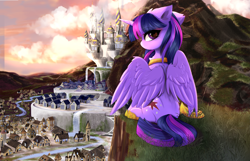 Size: 4893x3154 | Tagged: safe, artist:empress-twilight, derpibooru import, twilight sparkle, twilight sparkle (alicorn), alicorn, pony, canterlot, canterlot castle, cloud, cloudy, crown, detailed background, eyebrows, eyebrows visible through hair, featured on derpibooru, female, grass, head turn, high res, hoof shoes, horn, house, houses, jewelry, looking at you, looking back, looking back at you, mare, mountain, partially open wings, peytral, regalia, river, scenery, scenery porn, sitting, sky, solo, water, waterfall, wings