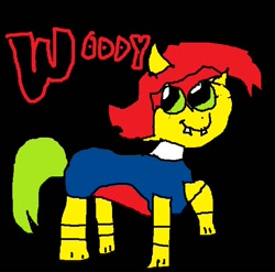 Size: 576x570 | Tagged: safe, artist:foxncrow4eva4344, derpibooru import, bird, earth pony, pony, g4, 1000 hours in ms paint, 40s, black background, bucktooth, crossover, green tail, male, ponified, raised hoof, raised leg, red hair, red mane, shitposting, simple background, smiling, species swap, stallion, tail, universal studios, walter lantz, woodpecker, woody woodpecker, woody woodpecker (series)