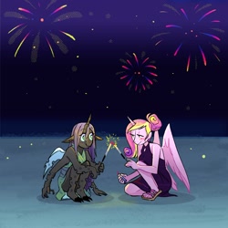 Size: 1900x1900 | Tagged: safe, artist:stevetwisp, derpibooru import, part of a set, princess cadance, queen chrysalis, alicorn, anthro, changeling, alternate hairstyle, barefoot, beach, blushing, boob window, cadalis, clothes, colored, crouching, dress, duo, feet, female, fire, fireworks, infidelity, lesbian, multiple arms, night, sand, sandals, shipping, simple background, sparkler (firework), stars, updo