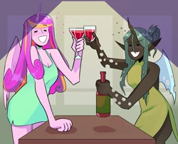 Size: 1745x1408 | Tagged: safe, artist:stevetwisp, derpibooru import, part of a set, princess cadance, queen chrysalis, alicorn, anthro, changeling, alcohol, blushing, bottle, bubble, cadalis, clothes, colored, dress, drink, drinking, drinking glass, drunk, duo, eyes closed, female, glass, grin, infidelity, lesbian, shipping, simple background, smiling, table, tipsy, toasting, wine, wine bottle, wine glass