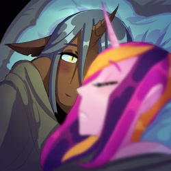 Size: 3000x3000 | Tagged: safe, artist:stevetwisp, derpibooru import, part of a set, princess cadance, queen chrysalis, alicorn, anthro, changeling, bed, bedroom eyes, blanket, blushing, cadalis, duo, eyes closed, eyes open, female, focus, foreground blur, gritted teeth, infidelity, lesbian, looking at someone, pillow, shipping, sleeping, sleeping together, teeth