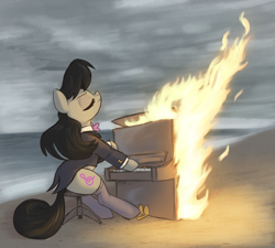 Size: 3000x2700 | Tagged: safe, artist:t72b, derpibooru import, octavia melody, earth pony, pony, beach, bowtie, burning, chair, clothes, cloud, cloudy, coat, danila bolshakov, eyes closed, female, fire, mare, meme, musical instrument, ocean, piano, ponified, ponified meme, ponified scene, reference in the comments, sitting, solo, species swap, stockings, suit, tailcoat, thigh highs, water