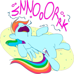 Size: 1309x1303 | Tagged: safe, artist:vellichorom, derpibooru import, rainbow dash, pegasus, pony, drool, drool on face, female, lying down, majestic as fuck, mare, on back, open mouth, simple background, sleeping, snoring, solo, transparent background