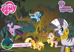 Size: 1800x1275 | Tagged: safe, derpibooru import, applejack, fluttershy, rainbow dash, twilight sparkle, twilight sparkle (alicorn), zecora, alicorn, bird, butterfly, earth pony, frog, pegasus, pony, zebra, crouching, everfree forest, explore equestria, female, flying, frog inspector applejack, hot air balloon, looking at something, looking at you, mare, mask, my little pony logo, official, outdoors, postcard, rearing, spread wings, stock vector, text, tree, wingless, wings, zecora's hut