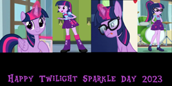 Size: 2000x1000 | Tagged: safe, artist:mlpfan3991, derpibooru import, sci-twi, twilight sparkle, twilight sparkle (alicorn), alicorn, human, pony, unicorn, better together, equestria girls, equestria girls (movie), spring breakdown, 2023, equestria girls ponified, female, glasses, mare, ponified, twilight sparkle day, unicorn sci-twi