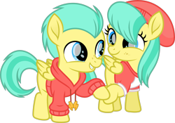 Size: 6867x4809 | Tagged: safe, artist:starryshineviolet, derpibooru import, barley barrel, pickle barrel, pegasus, pony, rainbow roadtrip, absurd resolution, barrel twins, brother and sister, clothes, colt, cute, duo, female, filly, foal, fraternal twins, hat, hoodie, hoofbump, looking at each other, looking at someone, male, shirt, siblings, simple background, t-shirt, transparent background, twins, vector