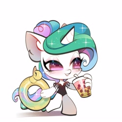 Size: 3150x3150 | Tagged: safe, artist:rrd-artist, derpibooru import, princess celestia, alicorn, anthro, unguligrade anthro, alternate hairstyle, bubble tea, chibi, clothes, drink, female, inner tube, mare, one-piece swimsuit, pool toy, simple background, solo, swimsuit, white background