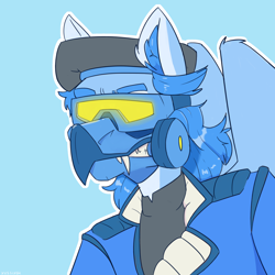 Size: 3000x3000 | Tagged: safe, artist:xasslash, derpibooru import, oc, oc only, oc:flynn icecold, griffon, blue background, clothes, cyan background, mask, simple background, solo, visor