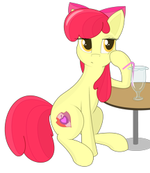 Size: 3680x4261 | Tagged: safe, artist:modera, derpibooru import, apple bloom, earth pony, pony, ambiguous age, empty glass, hoof on cheek, simple background, sitting, solo, straw, the cmc's cutie marks, transparent background