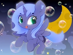 Size: 4000x3000 | Tagged: safe, artist:zokkili, derpibooru import, princess luna, alicorn, pony, beanbrows, bubble, cute, ear fluff, ears, eyebrows, eyebrows visible through hair, female, filly, foal, high res, horn, looking at you, lunabetes, moon, open mouth, open smile, signature, smiling, smiling at you, solo, spread wings, stars, wings, woona, younger