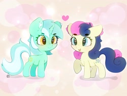 Size: 4000x3000 | Tagged: safe, artist:zokkili, derpibooru import, bon bon, lyra heartstrings, sweetie drops, earth pony, pony, unicorn, adorabon, beanbrows, chibi, cute, duo, duo female, ear fluff, ears, eyebrows, eyebrows visible through hair, female, heart, heart eyes, high res, horn, lesbian, looking at each other, looking at someone, lyrabetes, lyrabon, mare, open mouth, open smile, raised hoof, raised leg, shipping, signature, smiling, wingding eyes