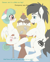 Size: 953x1186 | Tagged: safe, artist:asknursenimble, artist:thegamercolt, derpibooru import, oc, oc:nurse nimble, earth pony, pegasus, pony, blushing, facial hair, female, food, ice cream, male, mare, stallion, tumblr:ask nurse nimble